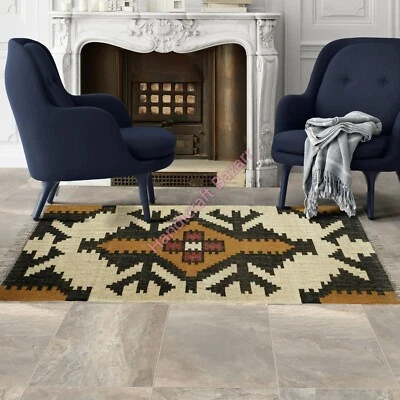 Indian Wool Jute Rug 3x5 Ft Reversible Kilim Runner Home Decor Area Rug Handwove - Image 1 of 4