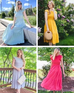 Women's Flutter Short Sleeve Smocked Midi Dress Summer Casual Tiered A-Line Dres - Picture 1 of 117