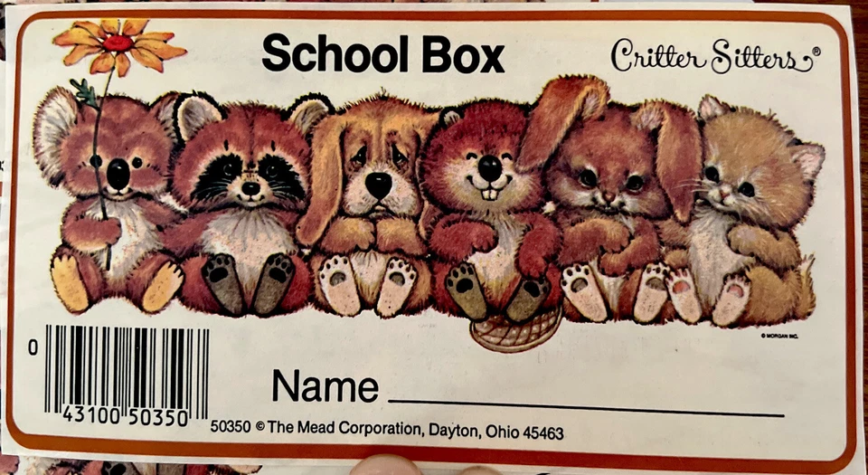 Etiqueta con nombre de caja escolar adhesiva Critter Sitters años 80 vintage. Mead Corp. años 80 Foto 1 de 1