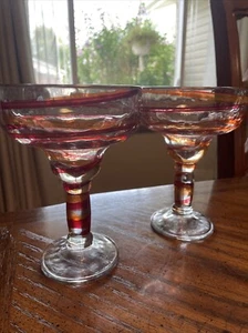 2 ~ Pier 1 Imports Margarita Cocktail Glasses Red Orange Swirl Heavy BEAUTIFUL - Picture 1 of 11