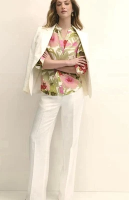 BROOKS 兄弟女式亚麻混纺热带花卉衬衫方格 L 长袖 148 美元 — 第 1/4 张图片