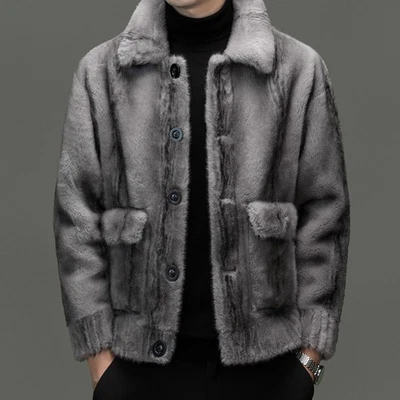 Chaqueta de piel de visón dorado para hombre invierno nueva solapa corta abrigo de piel de visón ropa exterior cálida Foto 1 de 4