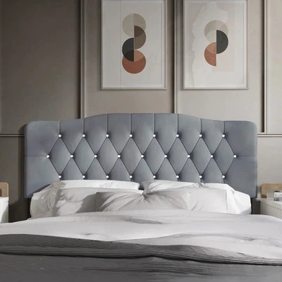 Upholstered Full Size Headboard Only Gray Adjustable Hgt Diamond Button Tufted - Image 1 of 4