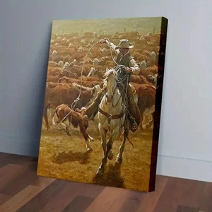 Western Cowboy with Horseback Herding Cattle Wall Art  Canvas Unframed/Framed - Picture 1 of 7