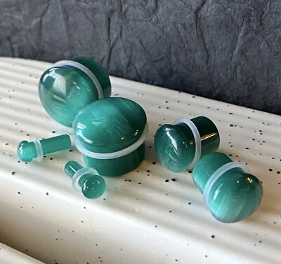 PAIR Teal Cat Eye Stone Plugs Single Flare Tunnels Earlets Gauges Body Jewelry - Image 1 of 4