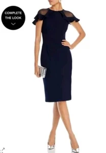 NWT Eliza J Sheer Ruffle Shoulder Cocktail Sheath Dress In Navy Size 4 #0048 - Picture 1 of 15