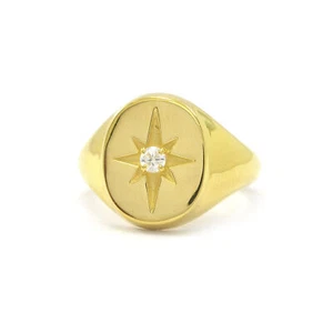 14K Gold 0,04 ct VS/F-G Diamant graviert Starburst Siegelring - The Jewelz - Bild 1 von 4