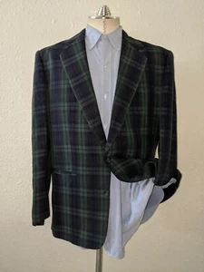Vtg DKNY 40 M Black Watch Tartan Plaid LINEN RAYON Blazer Jacket Coat green blue - Picture 1 of 6