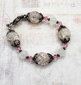 Vintage White & Pink Faceted Glass Floral Color Bracelet - Sterling Silver - Picture 1 of 8