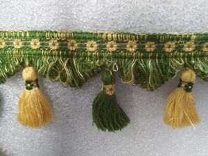 FRANJA BORLA 6 yardas 3 1/2"-verde/amarillo - tapicería cortina tela adorno - Imagen 1 de 1
