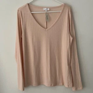 NUOVO Soma top manica lunga scollo a V maglia a costine tunica dritta porcellana rosa taglia L - Foto 1 di 4