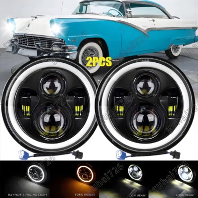 For Ford Fairlane 1955 1956 1957 2PC 130W 7inch Round LED Headlights HI/LO Bulbs - Image 1 of 4