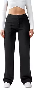 Womens Casual High Waist Straight Leg Pants Stretchy Button Business Dress Work - Picture 1 of 12