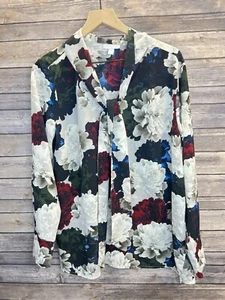 Blusa Charter Club Top Mujer Plus 1X Azul Rojo Floral Manga Larga Frontal Corbata - Imagen 1 de 5