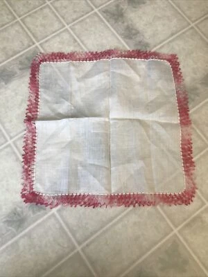 Vintage New Linen Handkerchief Pink Crocheted Decorative Edge  - Image 1 of 3