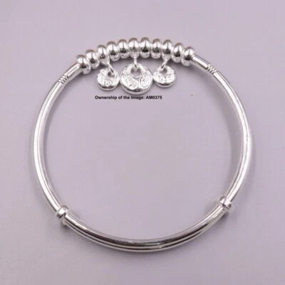 Pure 999 Fine Silver Women's Bracelet Adjustable Bangle 2.36inch Lucky Charm - Image 1 of 4