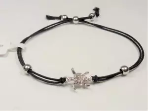 BEACH FASHION NAUTICAL SEA TURTLE & WHITE CZ BLACK CORD PETITE STRETCH BRACELET - Picture 1 of 6