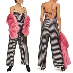 Topshop Palazzo-Overall Pailletten gestreift weites Bein Größe 4 180 $ HPM - Bild 1 von 10