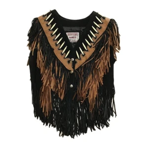 Western World by Shaf Women’s Suede Vest Black with Brown Fringe and Studs - Picture 1 of 2