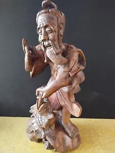 Chinese Fisherman Hand Carved Sculpture Brown Wood Detailed Fish And Frog - Picture 1 of 11
