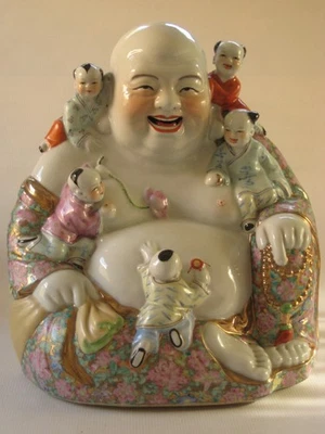 BUDA RIENDO FELIZ de porcelana china vintage con 5 niños - 14" de alto Foto 1 de 4