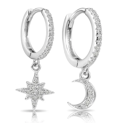 925 Sterling Silver Star & Crescent Pave Charm Dangle Drop Huggie Hoop Earrings - Image 1 of 4
