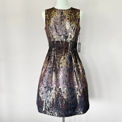 NWT Vince Camuto Metallic Jacquard Fit & Flare Dress Women 4 Brown Gold Cocktail - Image 1 of 4
