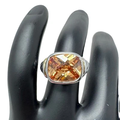 Anillo Tono Plata con Piedra de Vidrio Facetado Ámbar y Cuerda Retorcida Banda Texturizada 6 Foto 1 de 4