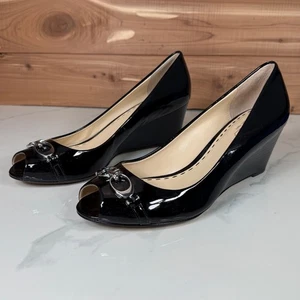 Coach Women's Leather Peep Toe Wedge Heels Shoes Black Patent  Women's Size 8B - Picture 1 of 13