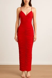 M by Max Azria rotes figurbetontes Maxikleid mit Rüschen Damen Gr. M Spaghettiträger - Bild 1 von 4