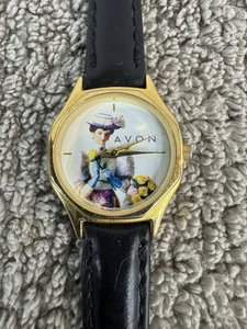 Vintage Womens Avon Watch Woman W Flowers Gold Tone Black Leather Band New Batt - Picture 1 of 4
