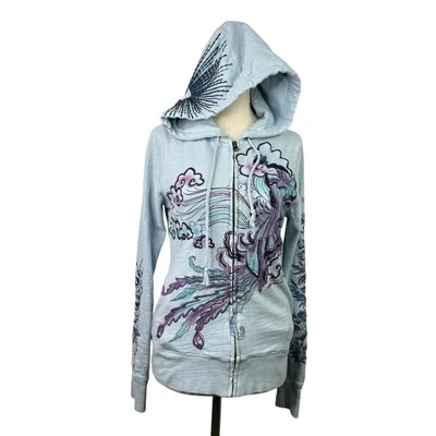 LUCKY BRAND Vtg Y2K Geisha Embroidered Asian Zip Blue Purple Hoodie Sweater Sz S - Image 1 of 4