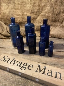 Vintage Blue Glass Poison Bottles Joblot Medical Antique Glass Collection X 7 - Picture 1 of 19