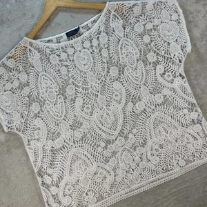Polo Ralph Lauren Women's White Crochet Lace Short Sleeve Top Sz XL Bohemian - Picture 1 of 9