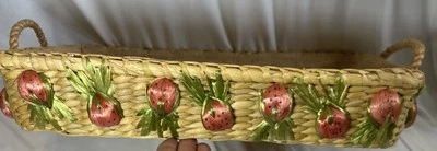Vintage Casserole Woven Raffia Straw Rectangle Basket Embroidery Hand Made - Image 1 of 4