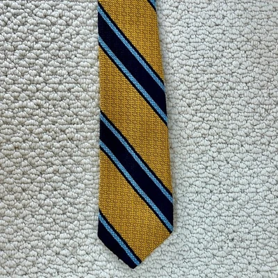 Vintage Prestwick Necktie Tie Narrow 3" x 54" Dark Yellow Gold Blue Needs Repair - Image 1 of 4