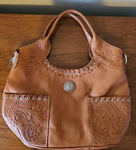 American West Tooled Harvest Moon Zip Top Bucket Tote Leder Braun Handtasche Tasche - Bild 1 von 15