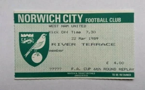 Norwich City v West Ham (22/3/89) - Used Ticket Stub FA Cup Quarter-Final Replay - Picture 1 of 2