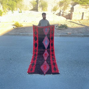 3x7.7 ft Vintage Moroccan Berber Rug - Handwoven Wool - Red & Black Geometric - Picture 1 of 7
