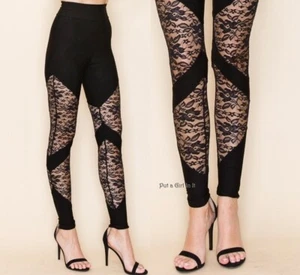 New USA VOCAL Womens BLACK FLORAL LACE CONTRAST STRETCH LEGGINGS PANTS S M L XL - Picture 1 of 8