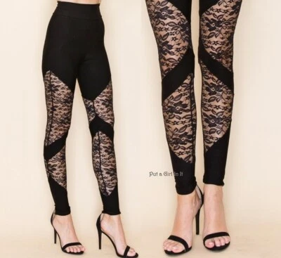 Nuevo USA VOCAL Mujer NEGRO FLORAL ENCAJE CONTRASTE ELÁSTICO LEGGINGS PANTALONES S M L XL Foto 1 de 4