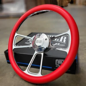 14" Billet Steering Wheel Chevy - Red Vinyl Wrap + SS Supersport Horn Button - Picture 1 of 5