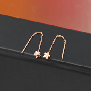 Real 18K Rose Gold Women Earrings Luck O Chain Star Dangle Earrings Line 