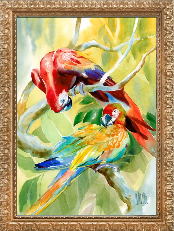 Papagaios ROMANCE TROPICAL pintura a óleo giclée 20x28 tela emoldurada **VENDA - Imagem 1 de 4