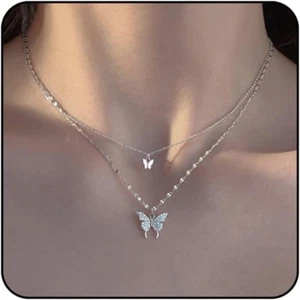 Silver Butterfly Layered Pendant Rose Gold Choker Necklace Jewelry Gift for Wife - Picture 1 of 9