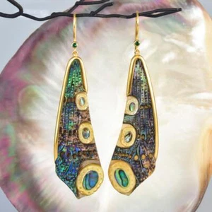 Dragonfly Wing Earrings Abalone Carving Gold Vermeil Sterling & Emerald 10.60 g - Picture 1 of 11