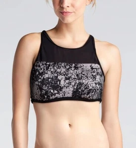 NUEVO CON ETIQUETAS NIKE Mujer Cuello Alto Malla Natación Bikini Top Deportivo, Negro Estampado, Mediano - Imagen 1 de 13