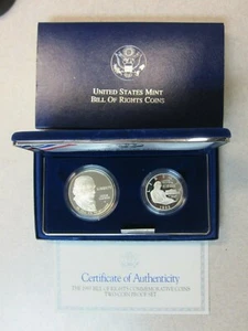 (2 Coin Set) 1993 Bill of Rights Proof Silver Dollar & Sil. Half Dol. w/Box-COA - Picture 1 of 3