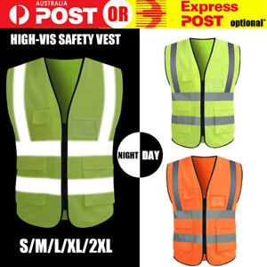 Hi Vis Safety Vest Reflective High Visibility Tape Zip Up Workwear Pocket Night