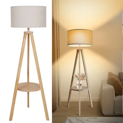 ELECWISH Tripod Floor Lamp Free Standing Light with Shelf Linen Shade Bedroom Living Room
